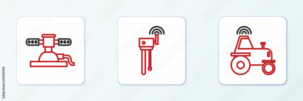 Set line Wireless tractor on smart farm, Automatic irrigation sprinklers and Router and wi-fi signal icon. Vector Set line Wireless tractor on smart farm, Automatic irrigation sprinklers and Router and wi-fi signal icon. Vector