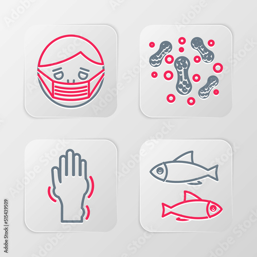 Set line Fish, Hand with psoriasis or eczema, Bacteria and Face in protective mask icon. Vector