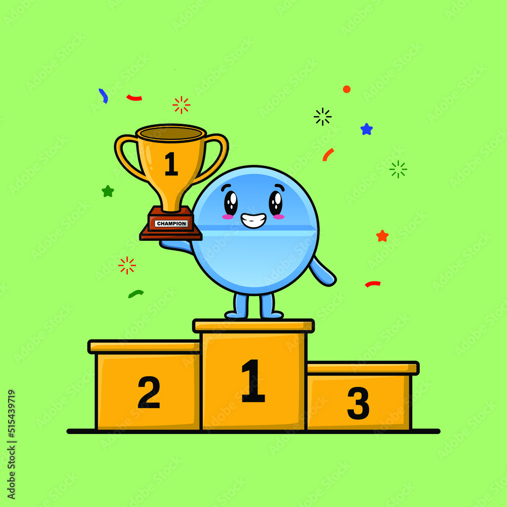 Cute cartoon pill medicine as the first winner with happy expression in flat modern style design Cute cartoon pill medicine as the first winner with happy expression in flat modern style design