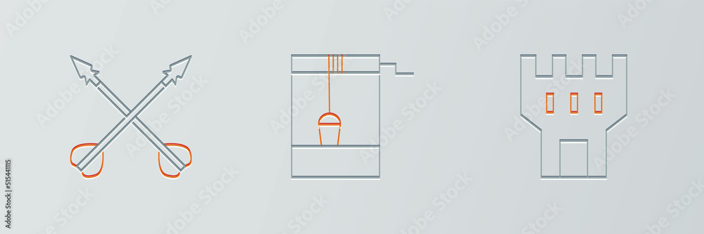 Set line Castle tower, Medieval crossed arrows and Well with bucket icon. Vector