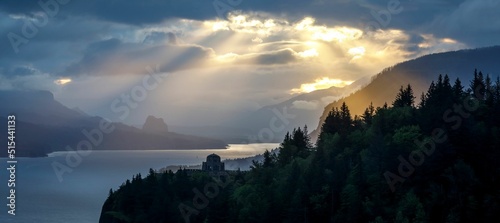 Fantastic sunrise in the Columbia River Gorge with the Vista House seen in the picture