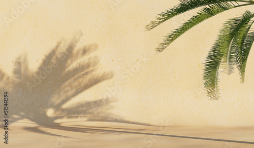 Background with a shadow from a palm tree on the wall.Cover, postcard. 3D rendering.