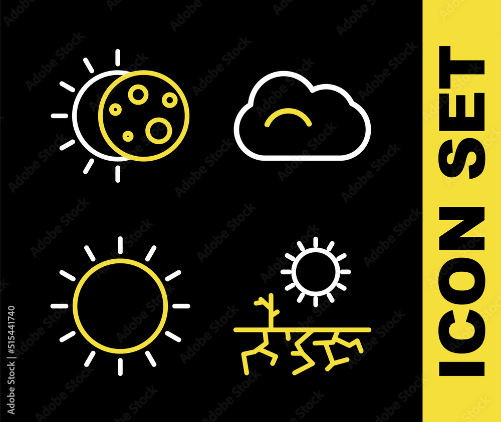 Set line Cloud, Drought, Sun and Eclipse of the sun icon. Vector