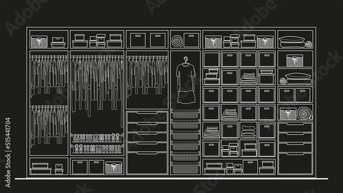 Linear  front  sketch wardrobe interior with the filling on black background