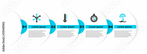 Set line Sun protective umbrella for beach, Compass, Meteorology thermometer and Snowflake icon. Vector