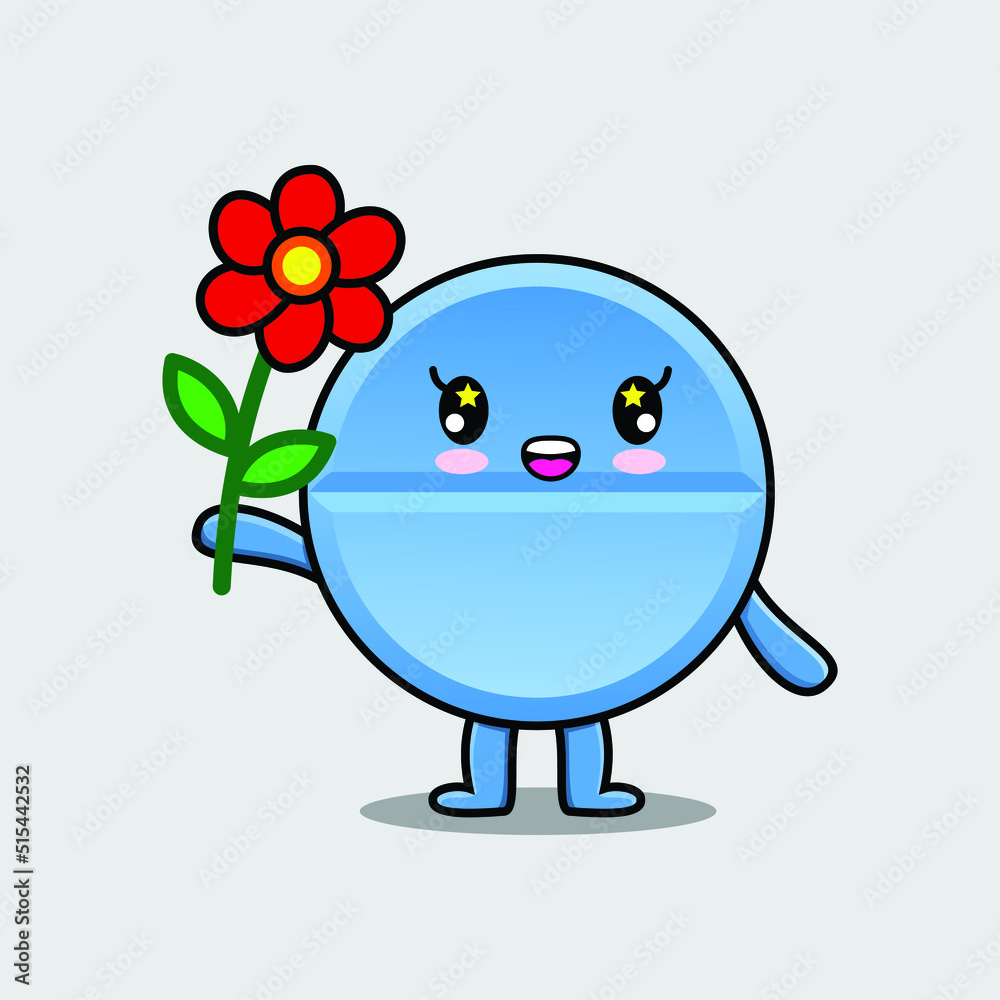 Cute cartoon pill medicine character holding red flower in concept flat cartoon style Cute cartoon pill medicine character holding red flower in concept flat cartoon style
