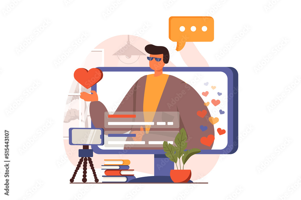 Obraz premium Video streaming web concept in flat design. Man making live stream using smartphone camera. Followers watch broadcast at computer. Blogging and social networks. Illustration with people scene