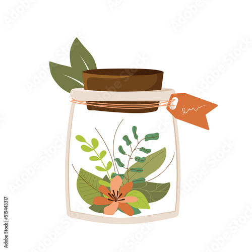 Jar with plants inside. Color illustration, on white background. Eco.