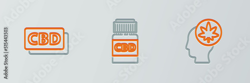 Set line Head with marijuana or cannabis, Cannabis molecule and Medical bottle icon. Vector