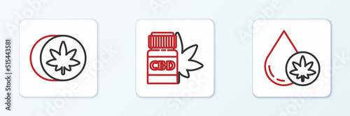 Set line Marijuana or cannabis olive oil, Herbal ecstasy tablets and Medical bottle with marijuana icon. Vector