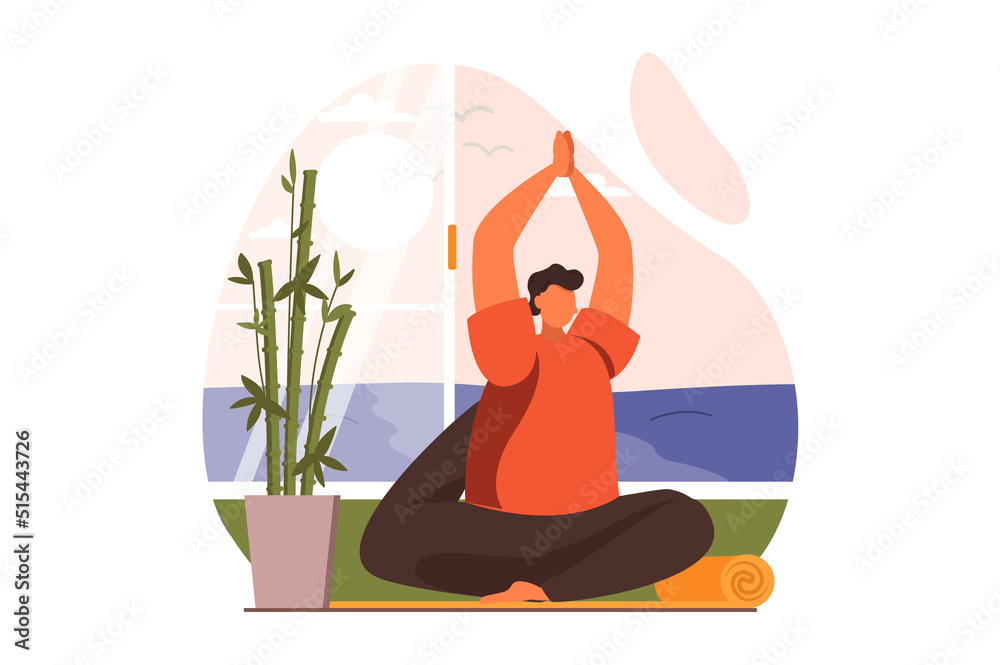Yoga web concept in flat design. Man practices yoga asanas and doing stretching exercises in studio. Athlete performs gymnastic workout, doing fitness in gym. Illustration with people scene Yoga web concept in flat design. Man practices yoga asanas and doing stretching exercises in studio. Athlete performs gymnastic workout, doing fitness in gym. Illustration with people scene