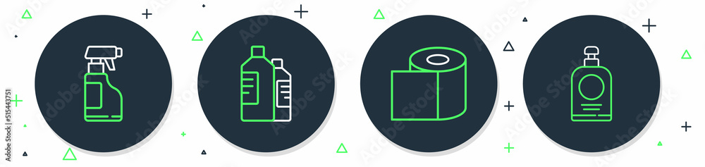 Set line Bottles for cleaning agent, Toilet paper roll, Spray bottle with detergent liquid and Hand sanitizer icon. Vector Set line Bottles for cleaning agent, Toilet paper roll, Spray bottle with detergent liquid and Hand sanitizer icon. Vector