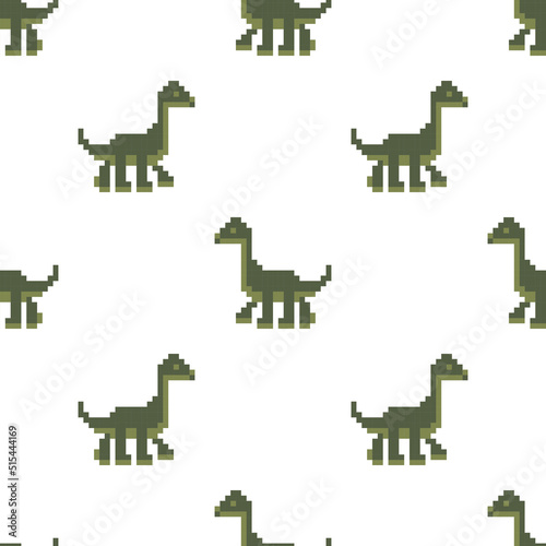 Seamless background with cute dinosaurs. Pixel prehistoric animals. Vector Pattern