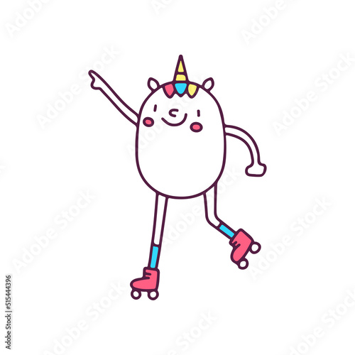 Kawaii unicorn playing roller skate, illustration for t-shirt, street wear, sticker, or apparel merchandise. With doodle, retro, and cartoon style.