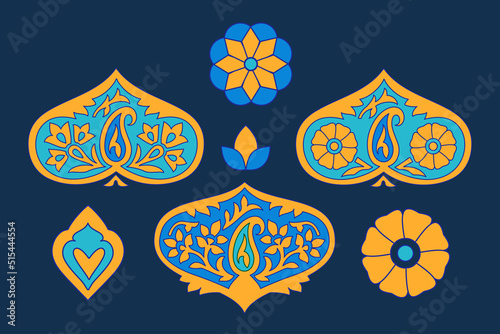 Indian plant patterns in traditional style. Vector collection of asian floral colored patterns with geometric elements. Oriental decorative elements, flowers, leaves, buds