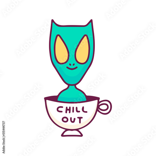 Cat alien inside a cup of coffee, illustration for t-shirt, sticker, or apparel merchandise. With doodle, retro, and cartoon style.