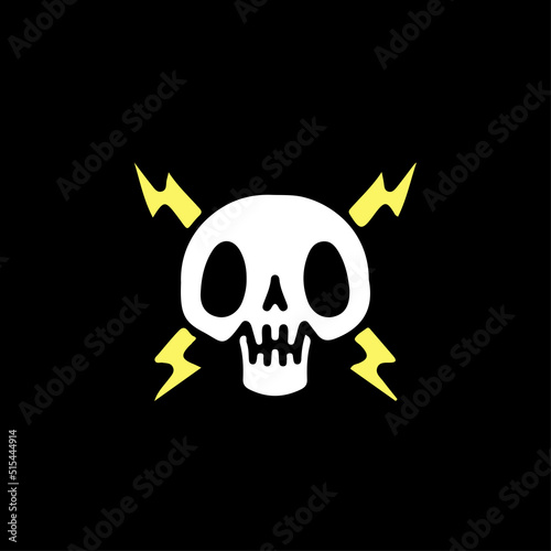 Cool skeleton head with crossed thunder, illustration for t-shirt, sticker, or apparel merchandise. With doodle, retro, and cartoon style.