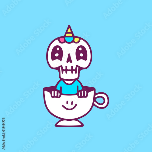 Kawaii unicorn skull inside a cup of coffee, illustration for t-shirt, sticker, or apparel merchandise. With doodle, retro, and cartoon style.
