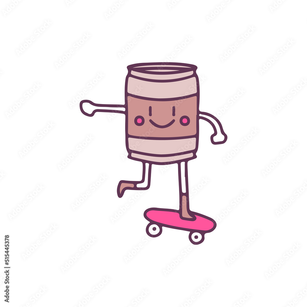 Coffee can mascot riding skateboard, illustration for t-shirt, sticker, or apparel merchandise. With doodle, retro, and cartoon style.