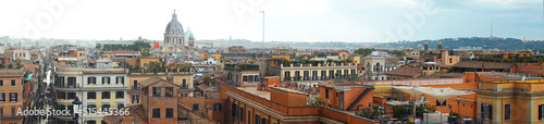 Panoramic view of Rome, Italy, Europe. Header with old Roma city for web. Beautiful Rome skyline in summer. Wide panorama of Rome against mountain. Nice scenery of Rome, cityscape of historical town.