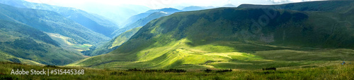 Panoramic view of the Carpathian mountains on a sunny day, Ukraine