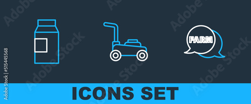 Set line Speech bubble with Farm, Paper package for milk and Lawn mower icon. Vector