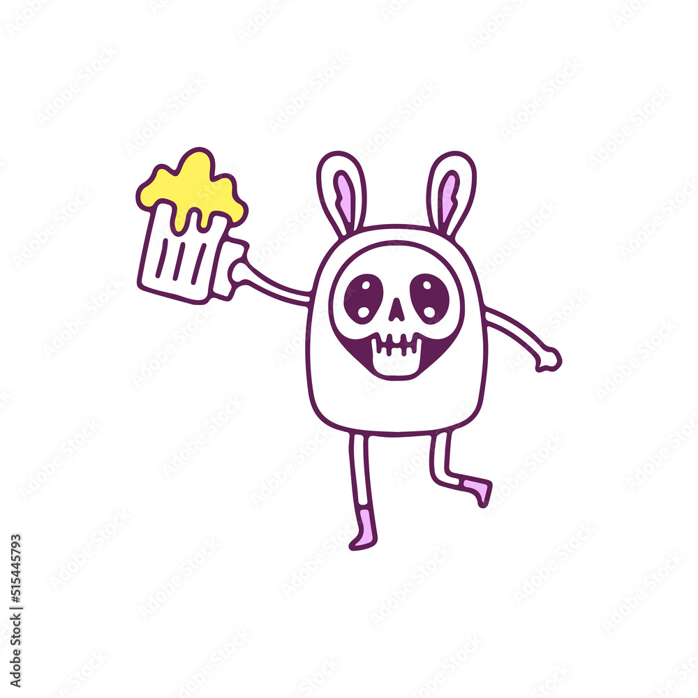 Kawaii skull wearing bunny costume holding glass of beer, illustration for t-shirt, sticker, or apparel merchandise. With doodle, retro, and cartoon style. Kawaii skull wearing bunny costume holding glass of beer, illustration for t-shirt, sticker, or apparel merchandise. With doodle, retro, and cartoon style.