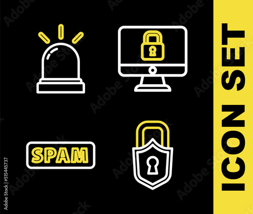 Set line Lock on computer monitor, Spam and Motion sensor icon. Vector