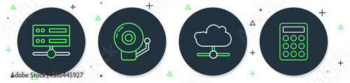 Set line Ringing alarm bell, Network cloud connection, Server, Data, Web Hosting and Password protection icon. Vector