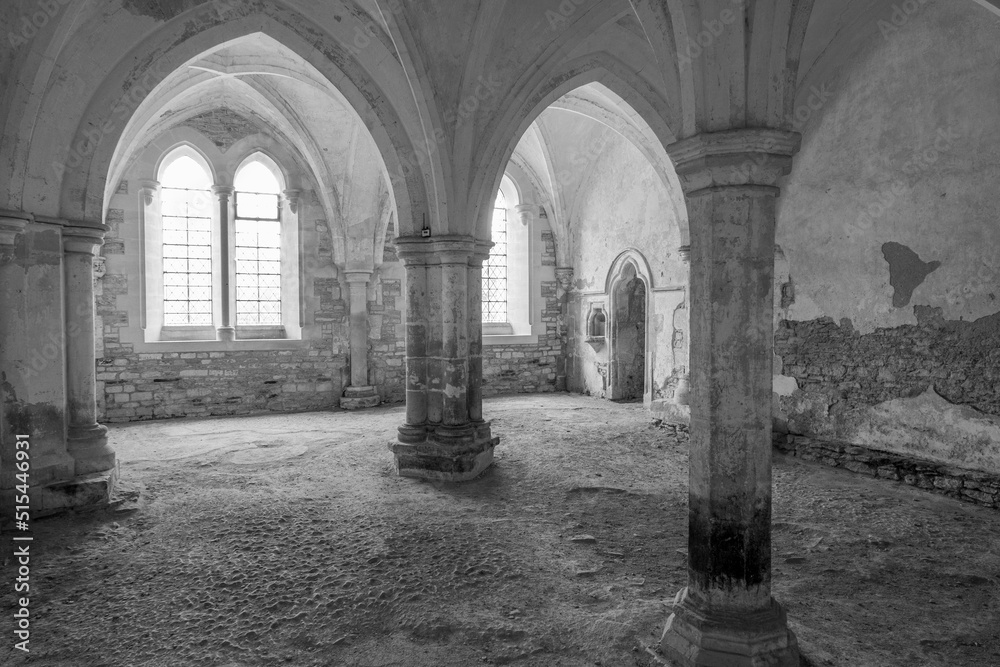 black and white view of cloisters in an old abbey in The Cotswolds England