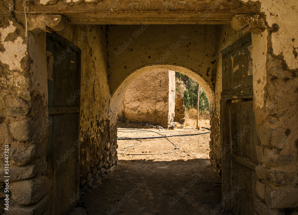 Obraz premium old wooden door with yellow grass in background