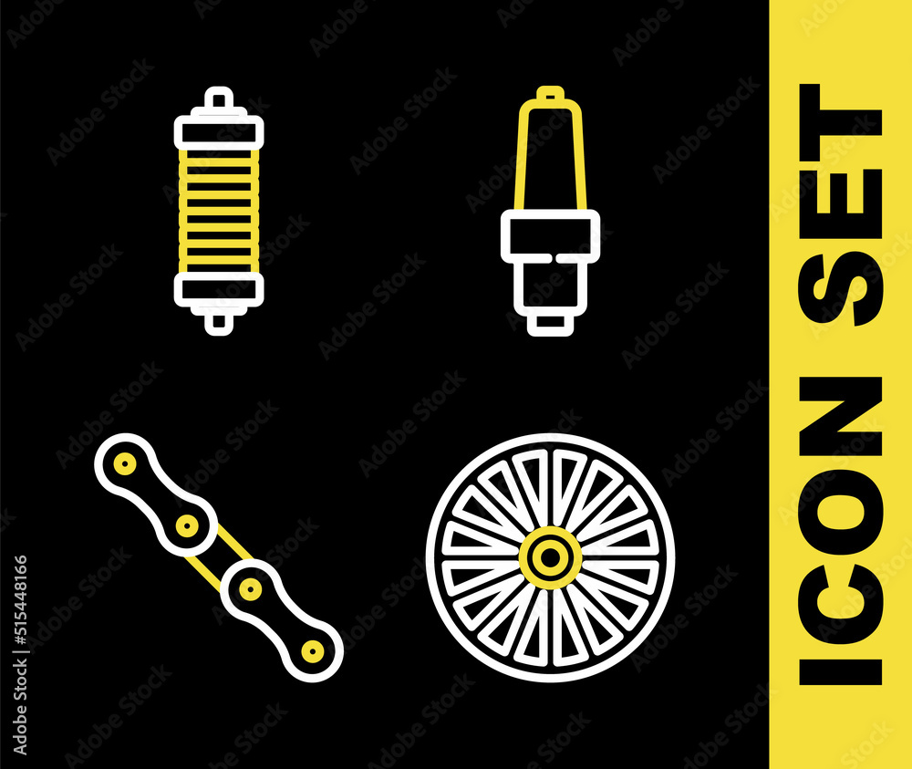 Set line Car spark plug, Alloy wheel, chain and Shock absorber icon. Vector