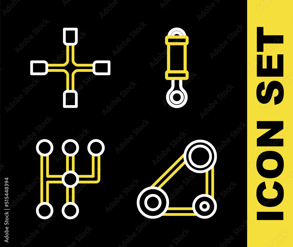 Set line Shock absorber, Timing belt kit, Gear shifter and Wheel wrench icon. Vector Set line Shock absorber, Timing belt kit, Gear shifter and Wheel wrench icon. Vector