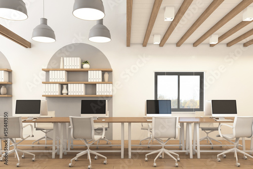 Nordic office room with hanging lamp and wood desk, white wall and wood floor. 3d rendering © Phongphan
