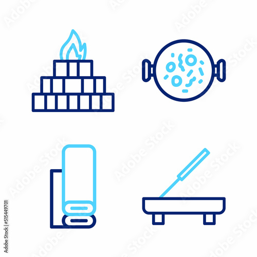 Set line Scented spa stick, Indian textile fabric, Chicken tikka masala and Yagna icon. Vector