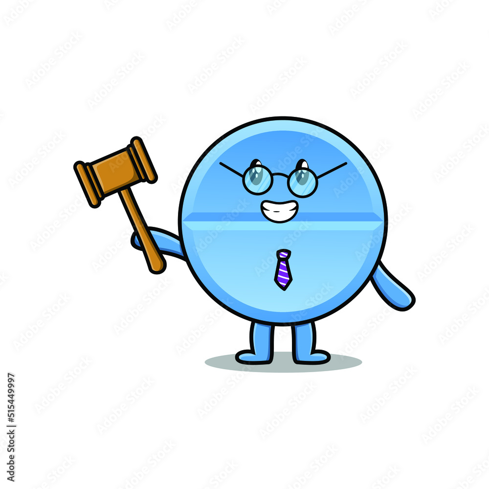 Fototapeta premium Cute cartoon mascot character wise judge pill medicine wearing glasses and holding a hammer 