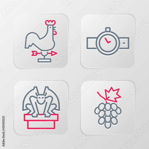 Set line Grape fruit, Gargoyle on pedestal, Wrist watch and Rooster weather vane icon. Vector