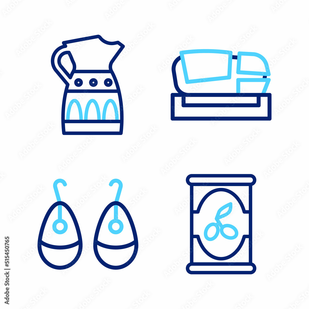 Set line Olives in can, Earrings, Stadium Mestalla and Sangria pitcher icon. Vector Set line Olives in can, Earrings, Stadium Mestalla and Sangria pitcher icon. Vector