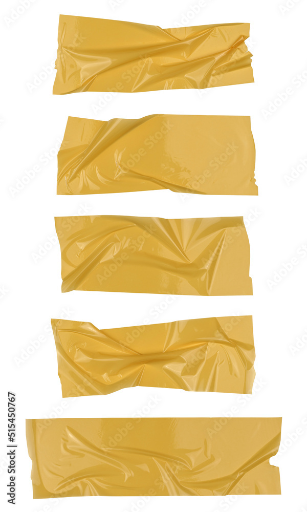 Yellow wrinkled adhesive tape isolated on white background. Yellow Sticky scotch tape of different sizes.