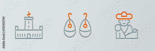 Set line Bullfight, matador, Montjuic castle and Earrings icon. Vector