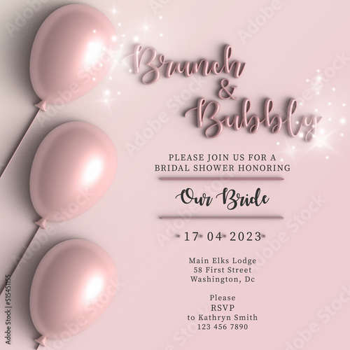 Brunch and Bubbly bridal shower. Vector illustration. Wedding invitation with pink balloons, pastel colours background, 3d. Modern bridal party announcement