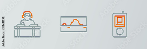 Set line Music player, DJ playing music and wave equalizer icon. Vector