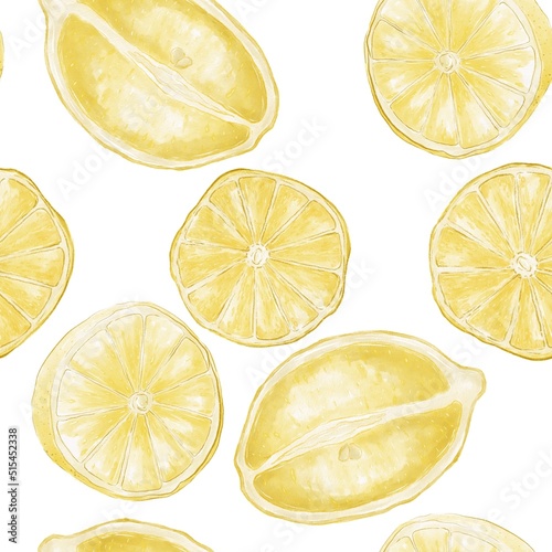 Decorative watercolor seamless pattern of simple illustrations of yellow lemons