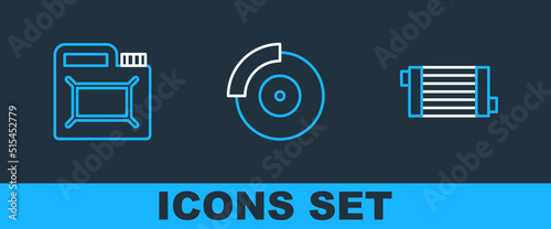 Set line Car radiator cooling system, Canister for motor oil and brake disk with caliper icon. Vector