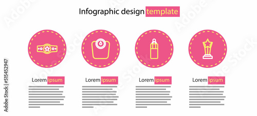Set line Punching bag, Award cup, Bathroom scales and Boxing belt icon. Vector