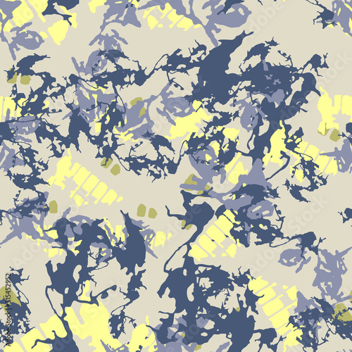 Urban camouflage of various shades of beige, blue and yellow colors