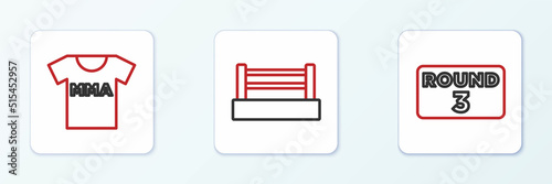 Set line Boxing ring board, T-shirt with fight club MMA and icon. Vector