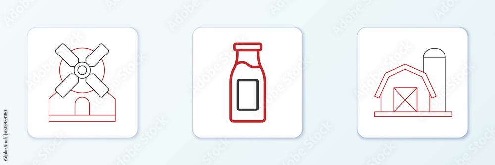 Set line Farm house, Windmill and Bottle with milk icon. Vector Set line Farm house, Windmill and Bottle with milk icon. Vector