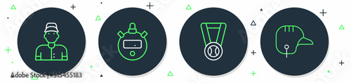 Set line Stopwatch, Medal with baseball ball, Baseball player and helmet icon. Vector