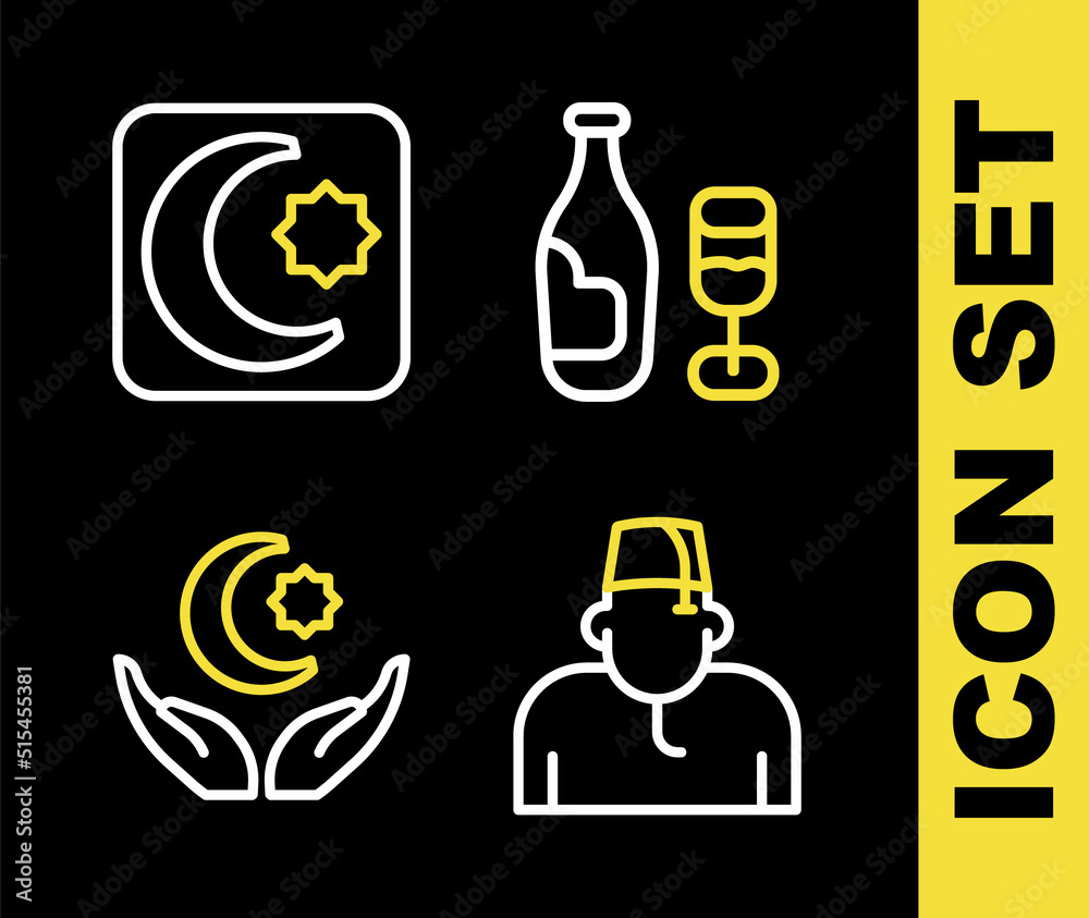 Set line Wine bottle with glass, Muslim man, Star and crescent and icon. Vector Set line Wine bottle with glass, Muslim man, Star and crescent and icon. Vector
